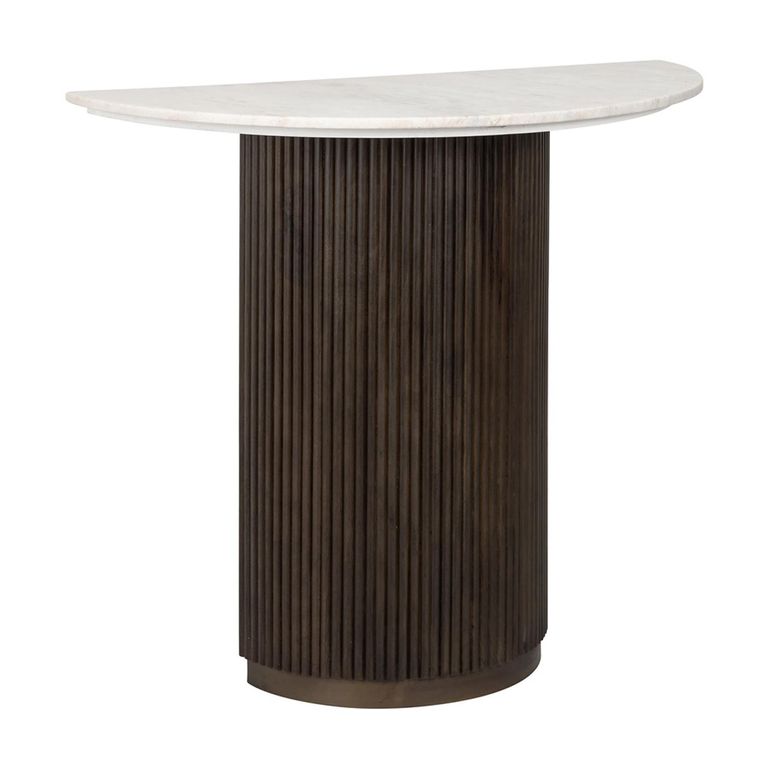 Mayfield White Marble Top Half Moon Console Table - Dark Wood Fluted Base