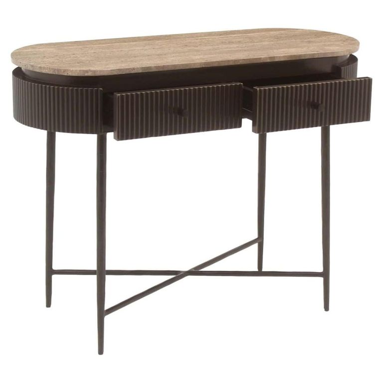 Russo Fluted Console Table - 2 Drawer - Oval - Ash Brown - Travertine Top and Metal