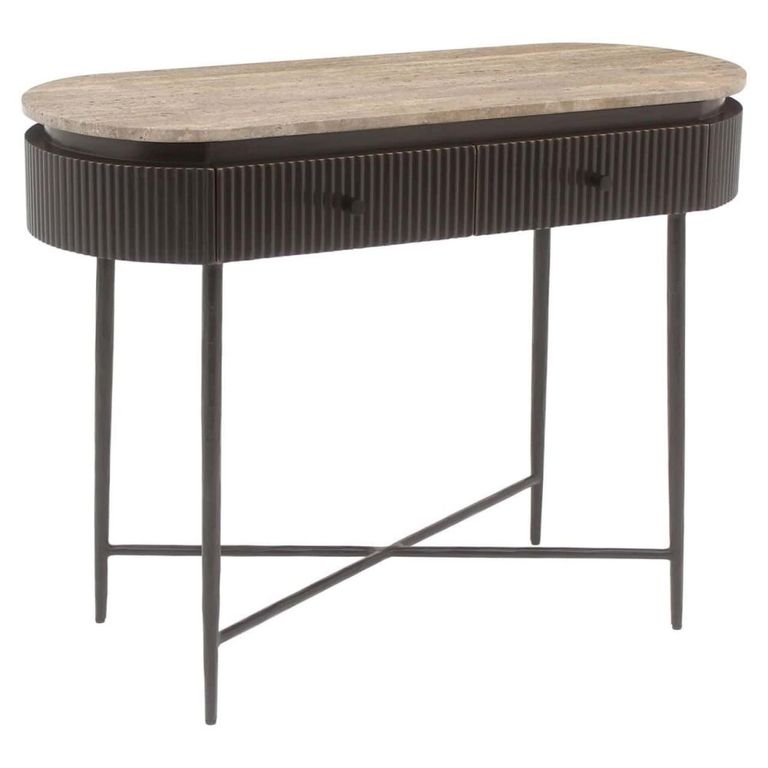Russo Fluted Console Table - 2 Drawer - Oval - Ash Brown - Travertine Top and Metal
