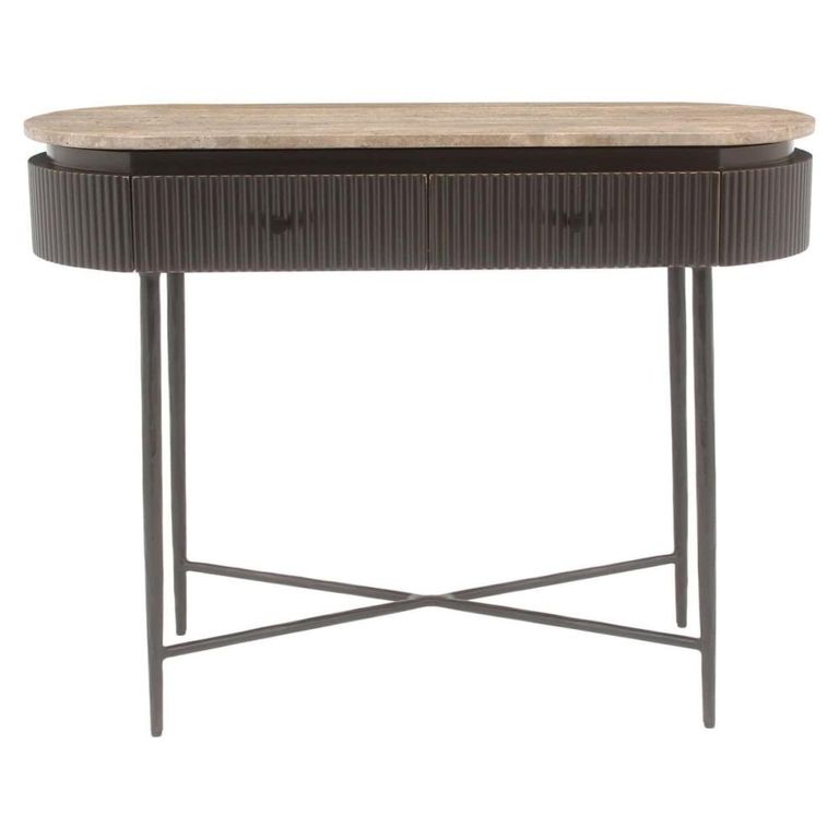 Russo Fluted Console Table - 2 Drawer - Oval - Ash Brown - Travertine Top and Metal