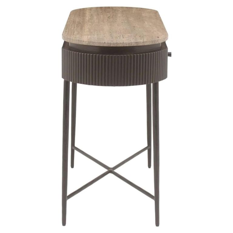 Russo Fluted Console Table - 2 Drawer - Oval - Ash Brown - Travertine Top and Metal