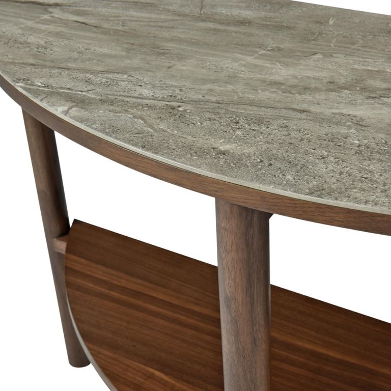 Willow Console Table - Half Moon - Tobacco Walnut and Beige - Wood and Marble Effect