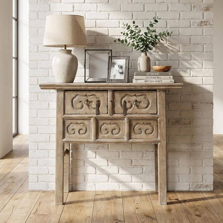 Carved Console Table - 2 Drawer - Rustic Natural - Elm Wood