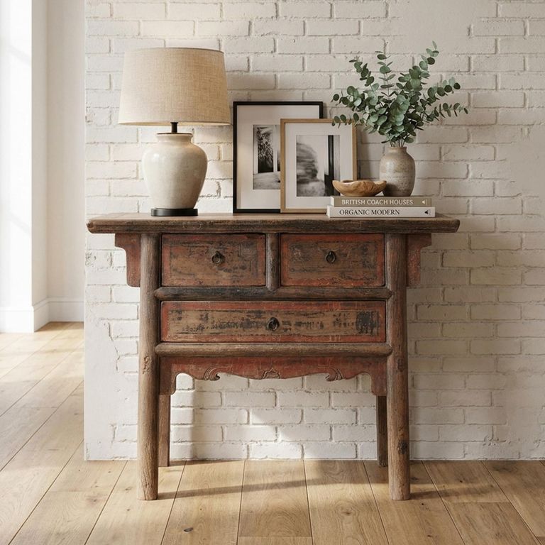 Console Table - 3 Drawer - Distressed Rustic Brown - Elm Wood
