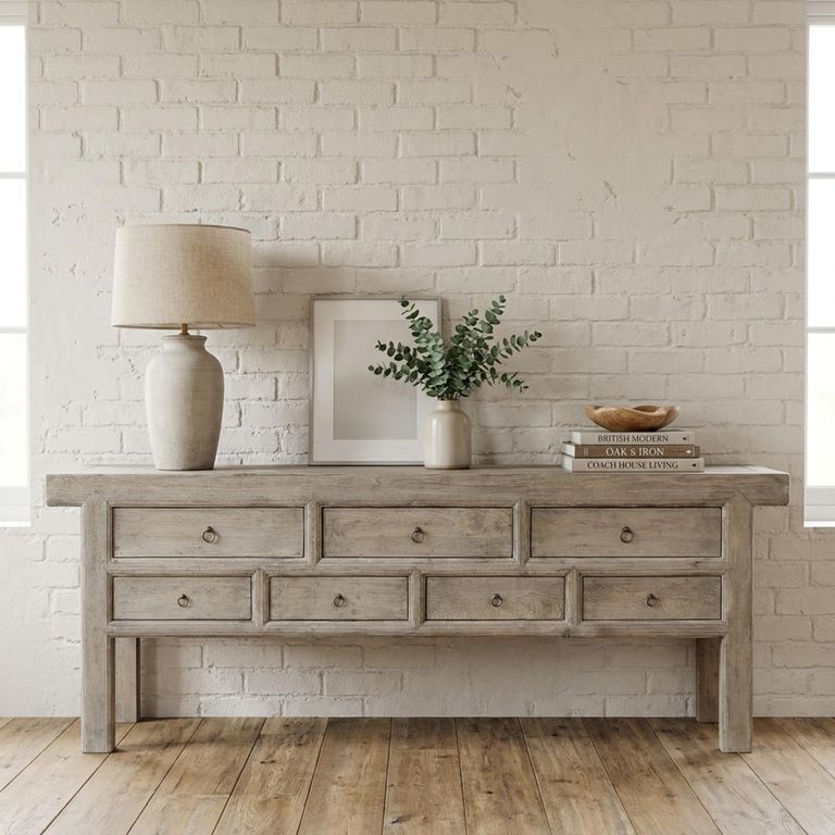Console Table - 7 Drawer - Low - Rustic Weathered Grey - Elm Wood