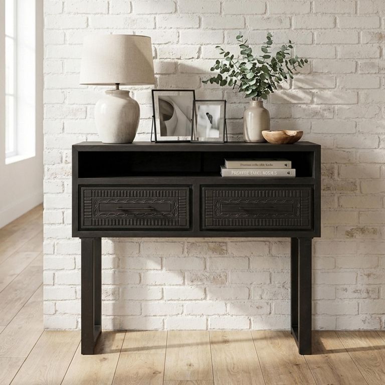 Dalst Carved Console Table - 2 Drawer - Black - Dark Wood