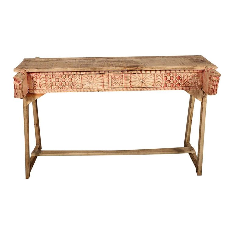Bleached Hand Carved Console Table - Rustic Natural - Solid Wood