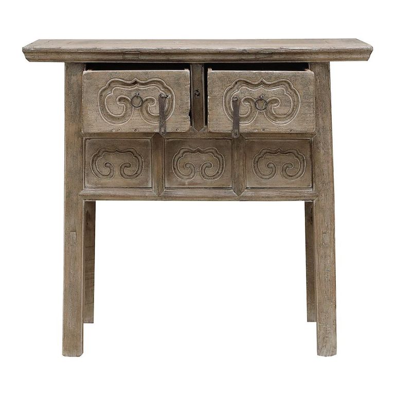 Carved Console Table - 2 Drawer - Rustic Natural - Elm Wood