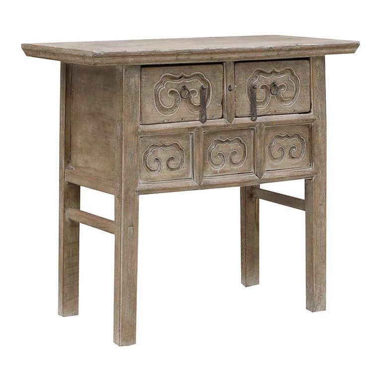 Carved Console Table - 2 Drawer - Rustic Natural - Elm Wood