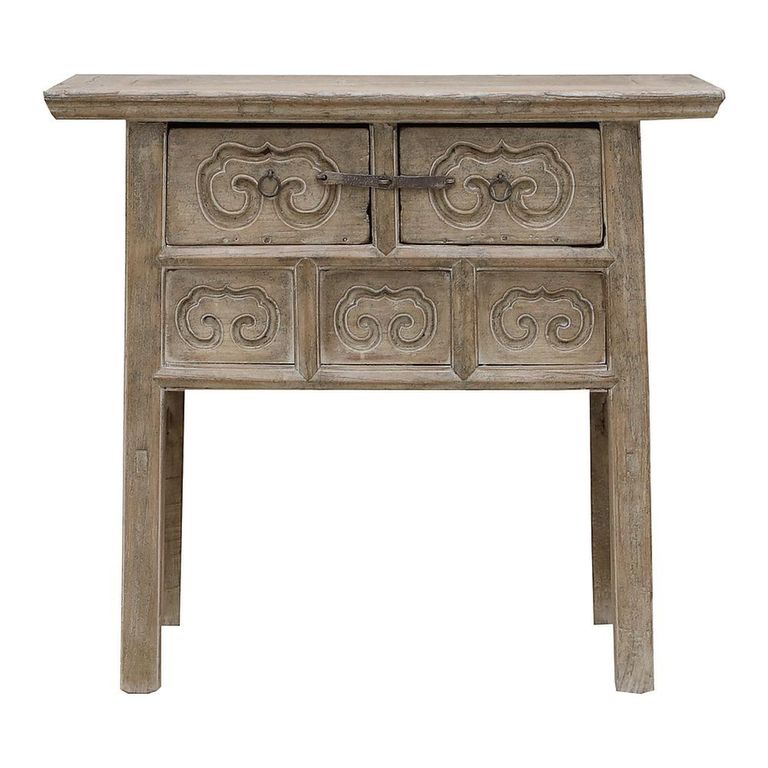 Carved Console Table - 2 Drawer - Rustic Natural - Elm Wood