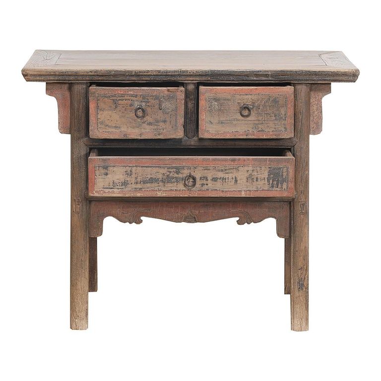 Console Table - 3 Drawer - Distressed Rustic Brown - Elm Wood