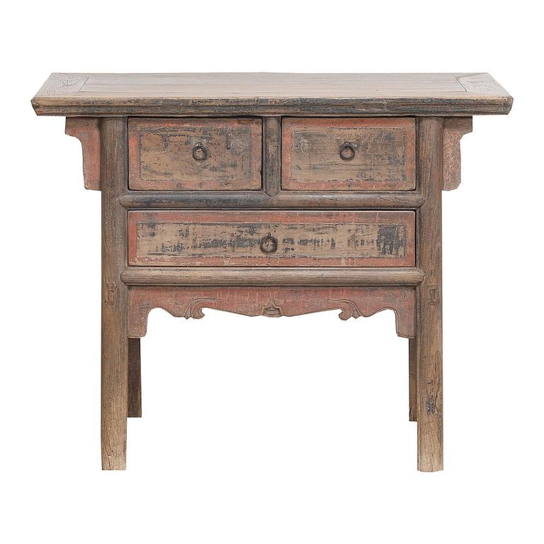 Console Table - 3 Drawer - Distressed Rustic Brown - Elm Wood