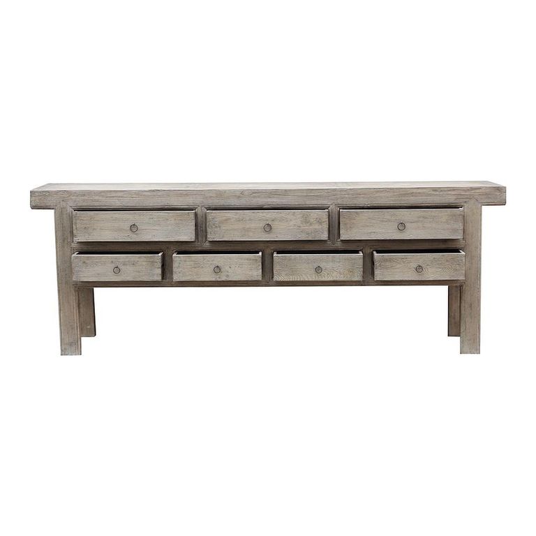 Console Table - 7 Drawer - Low - Rustic Weathered Grey - Elm Wood