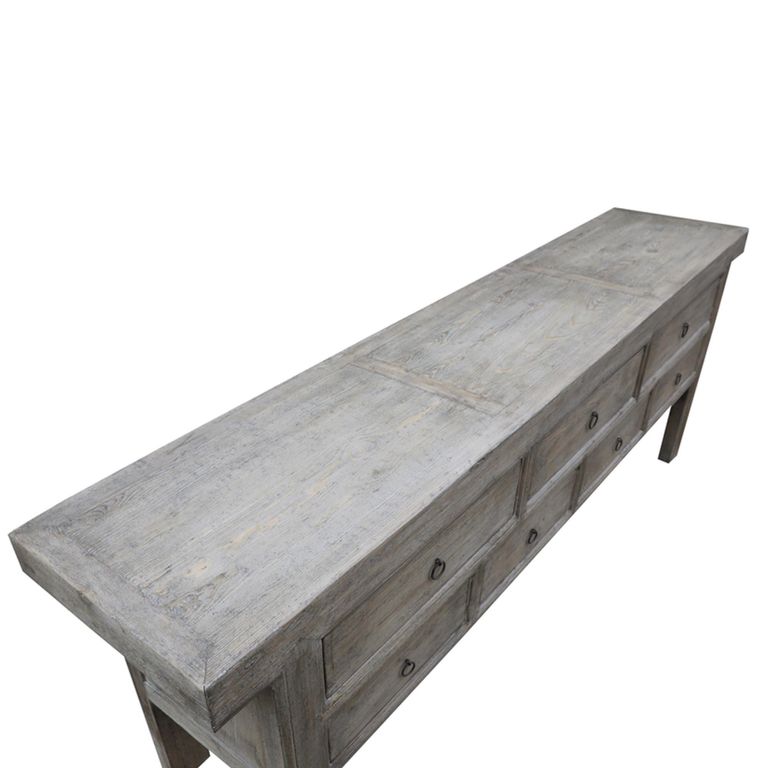 Console Table - 7 Drawer - Low - Rustic Weathered Grey - Elm Wood