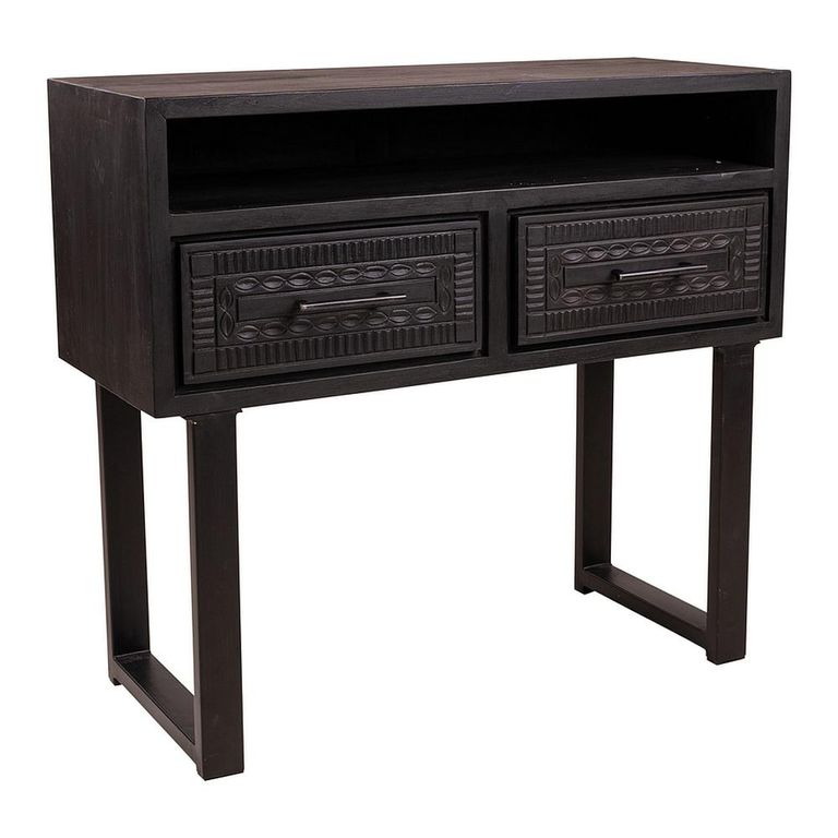 Dalst Carved Console Table - 2 Drawer - Black - Dark Wood