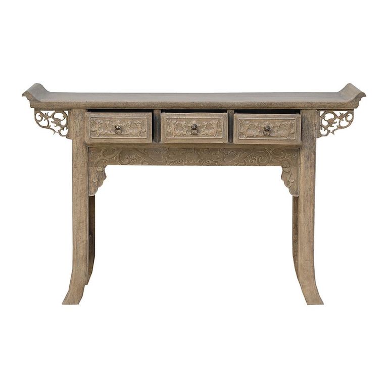 Hand Carved Console Table - 3 Drawer - Grey - Solid Wood