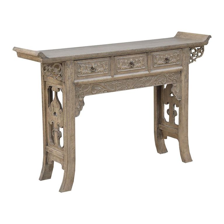 Hand Carved Console Table - 3 Drawer - Grey - Solid Wood