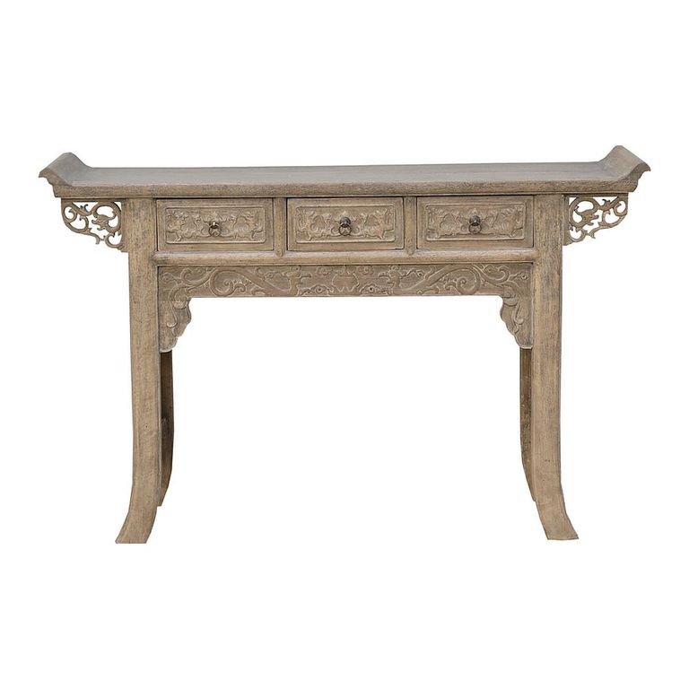 Hand Carved Console Table - 3 Drawer - Grey - Solid Wood