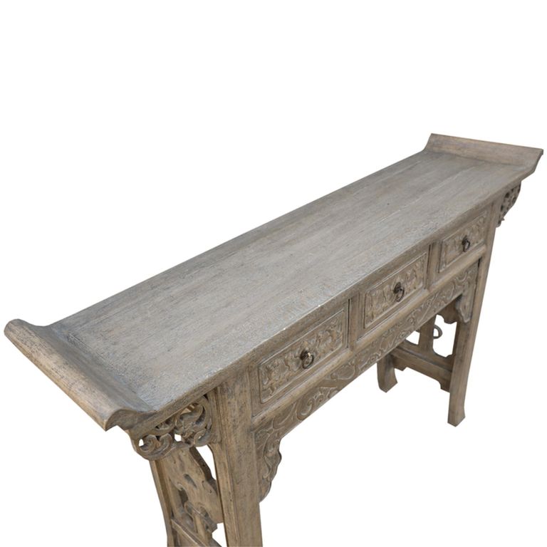 Hand Carved Console Table - 3 Drawer - Grey - Solid Wood