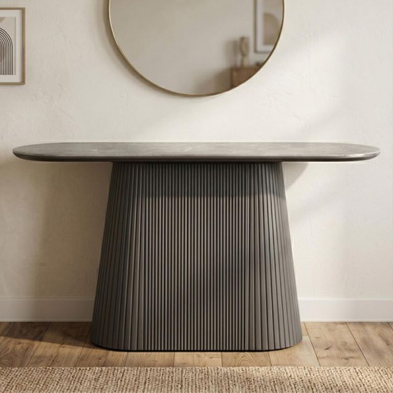 Barletta Console Table - Oval - Fluted Base - Dark Grey - Sintered Stone and Wood