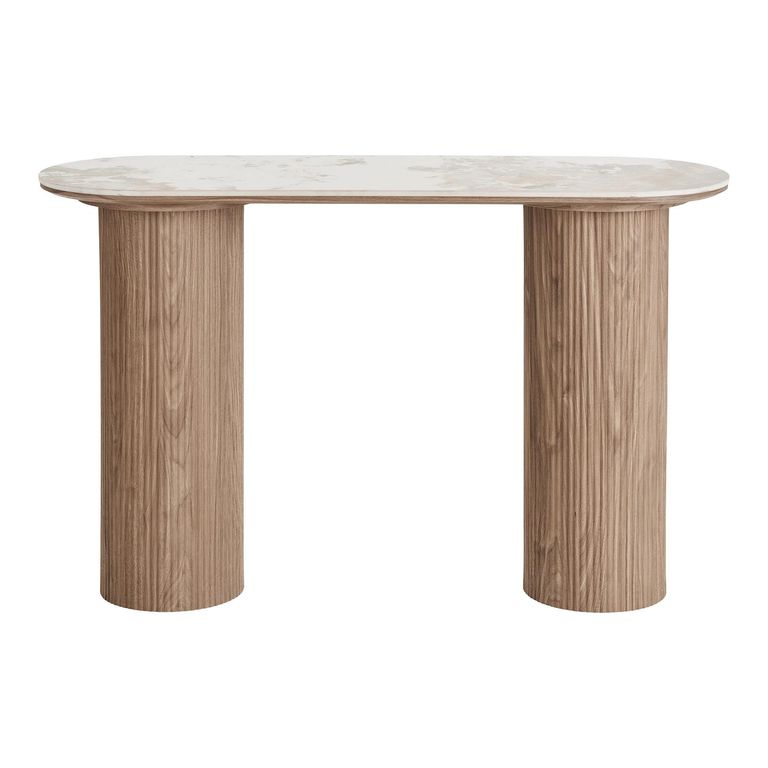 Athens Console Table - Oval - Fluted Base - White and Brown - Ceramic and Wooden