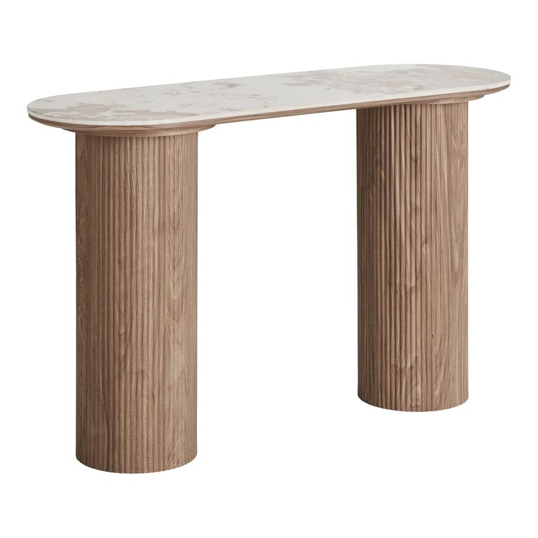 Athens Console Table - Oval - Fluted Base - White and Brown - Ceramic and Wooden