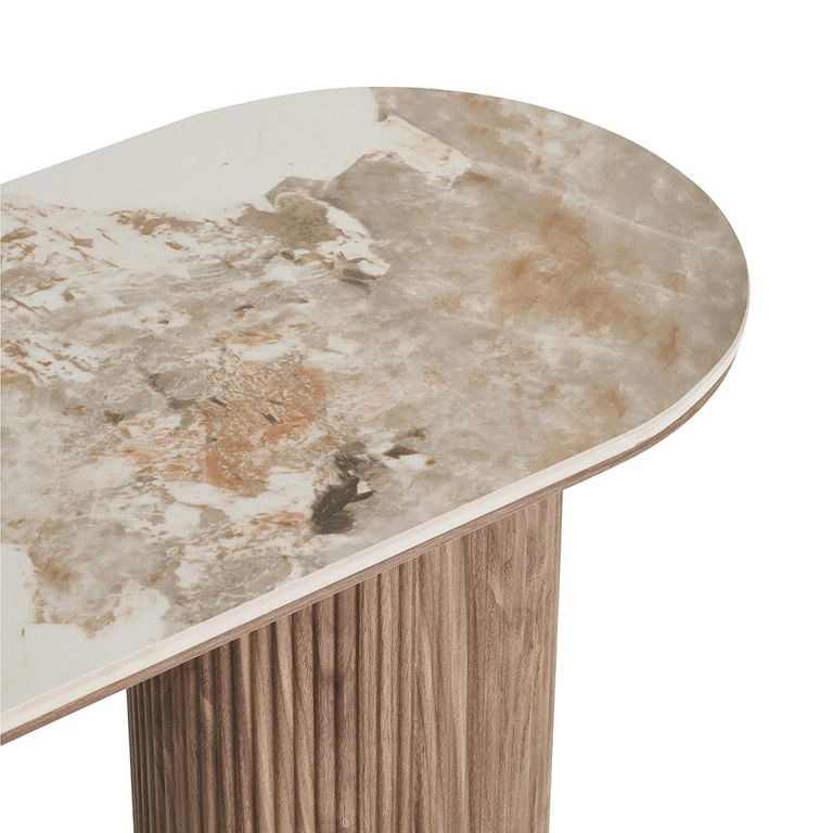 Athens Console Table - Oval - Fluted Base - White and Brown - Ceramic and Wooden