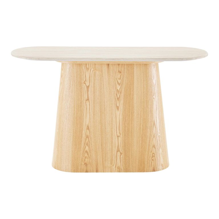 Larvik Console Table - Oval - Pedestal Base - Off White and Natural - Granite and Wooden
