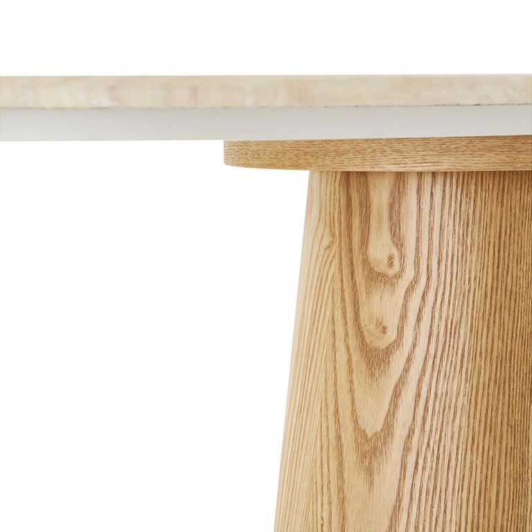 Larvik Console Table - Oval - Pedestal Base - Off White and Natural - Granite and Wooden