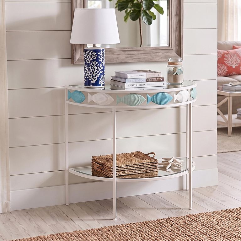 Fish Console Table - Half Moon - Light Blue and White - Glass and Metal