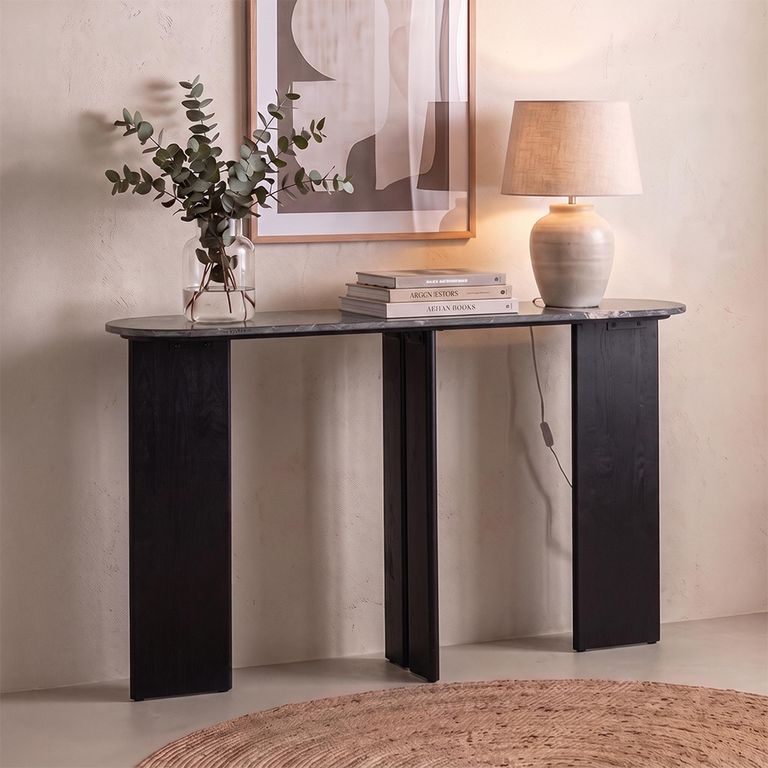 Mathilde Console Table - Oval - Panel Base - Black - Marble Top