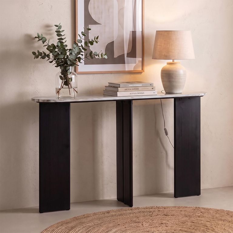 Mathilde Console Table - Oval - Panel Base - Black and Grey - Marble Top