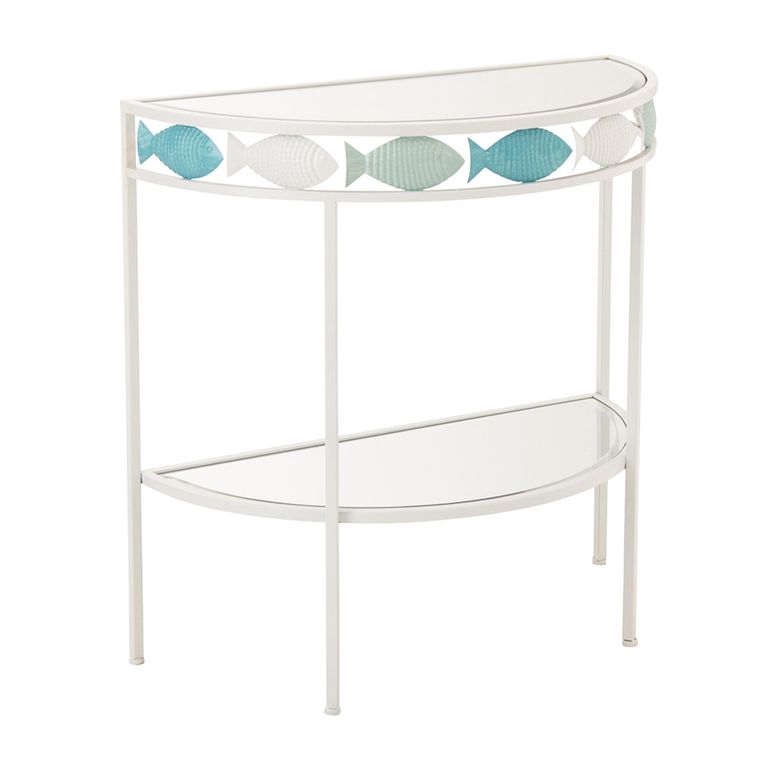 Fish Console Table - Half Moon - Light Blue and White - Glass and Metal