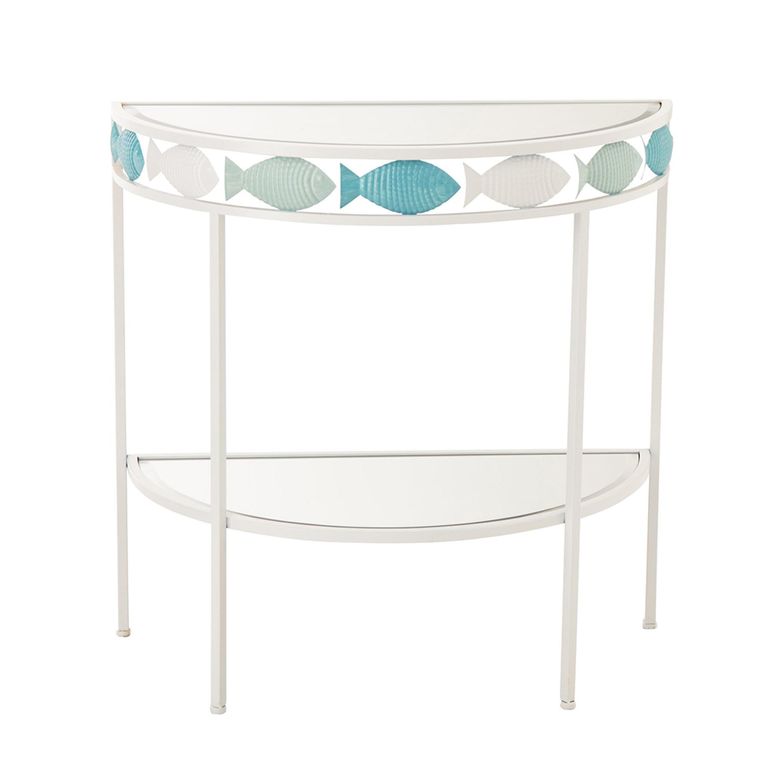 Fish Console Table - Half Moon - Light Blue and White - Glass and Metal