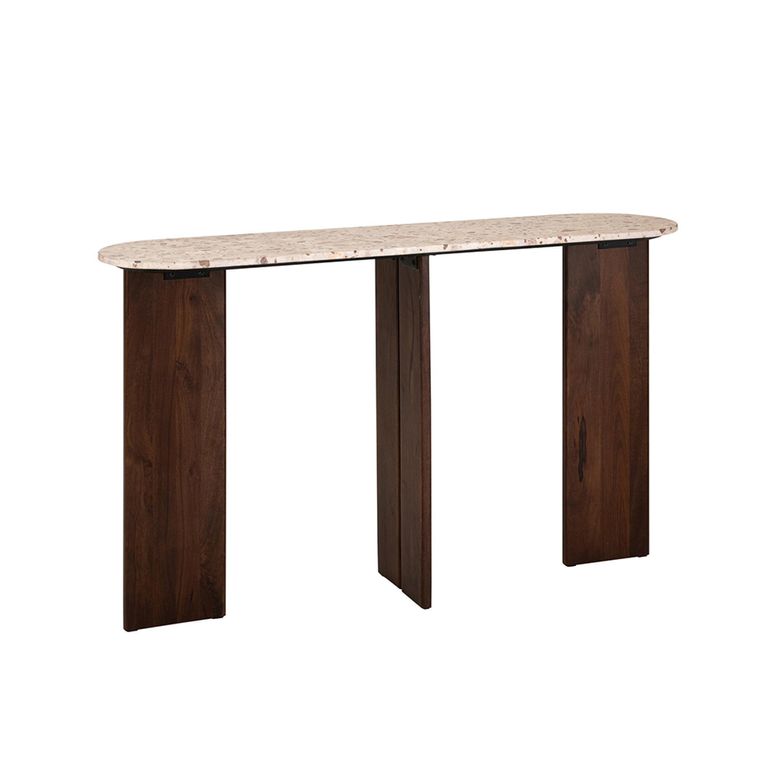 Mathilde Console Table - Oval - Panel Base - Walnut and Beige - Marble Top