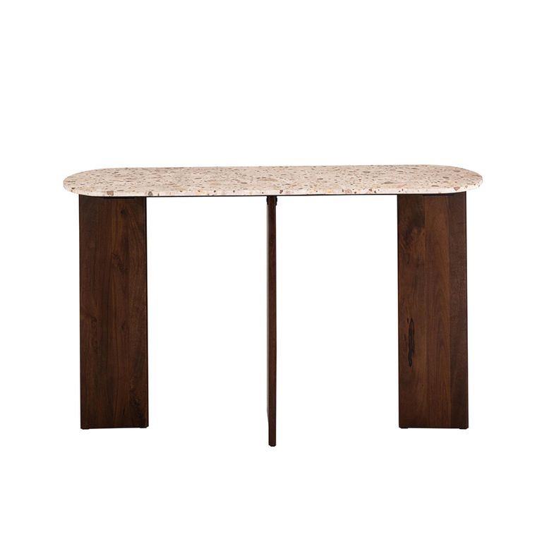 Mathilde Console Table - Oval - Panel Base - Walnut and Beige - Marble Top