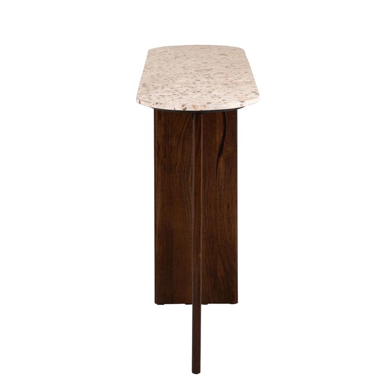 Mathilde Console Table - Oval - Panel Base - Walnut and Beige - Marble Top