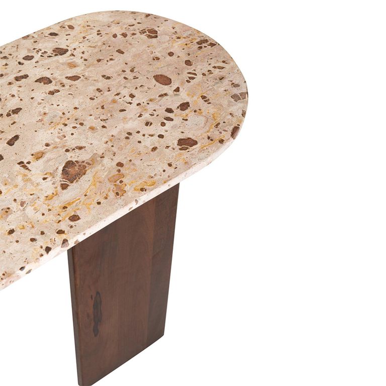Mathilde Console Table - Oval - Panel Base - Walnut and Beige - Marble Top