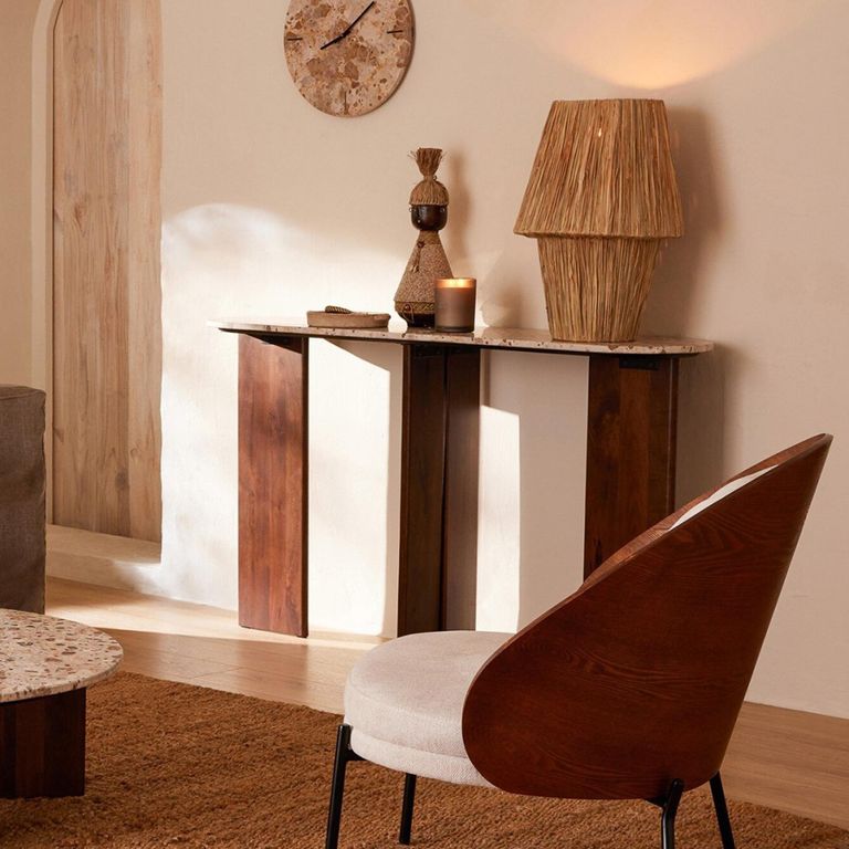 Mathilde Console Table - Oval - Panel Base - Walnut and Beige - Marble Top