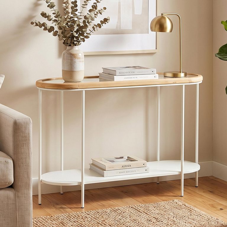 Mati Curved Console Table - Oval - Natural and White - Fir Wood and Metal