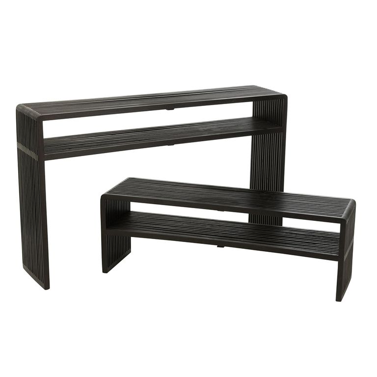 Slatted Console Table - 2 Tier - Black - Recycle Teak Wood