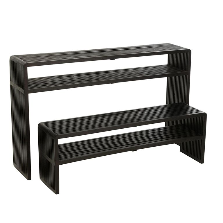 Slatted Console Table - 2 Tier - Black - Recycle Teak Wood