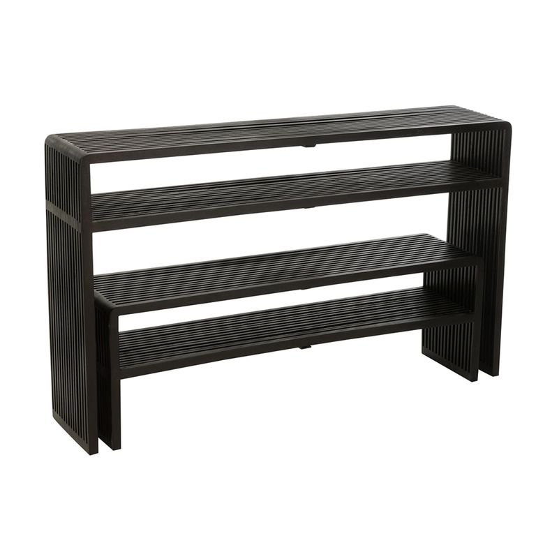 Slatted Console Table - 2 Tier - Black - Recycle Teak Wood