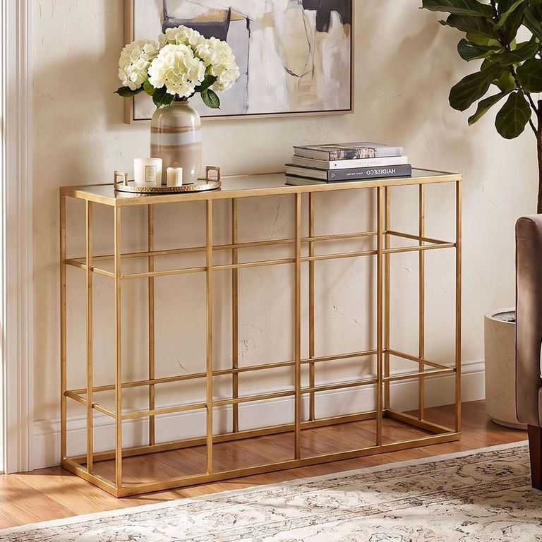 Bars Console Table - Geometric Grid Pattern - Gold - Glass and Metal