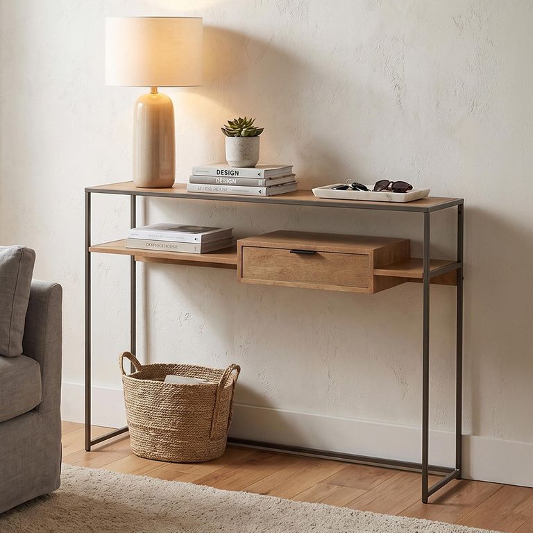 Console Table - 1 Drawer - Natural and Black - Wood and Metal