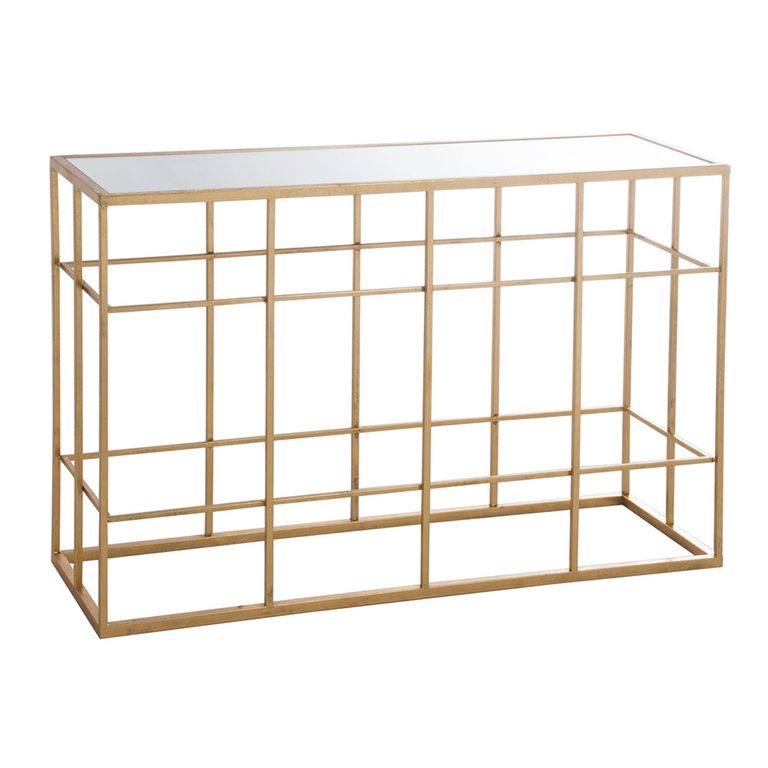 Bars Console Table - Geometric Grid Pattern - Gold - Glass and Metal