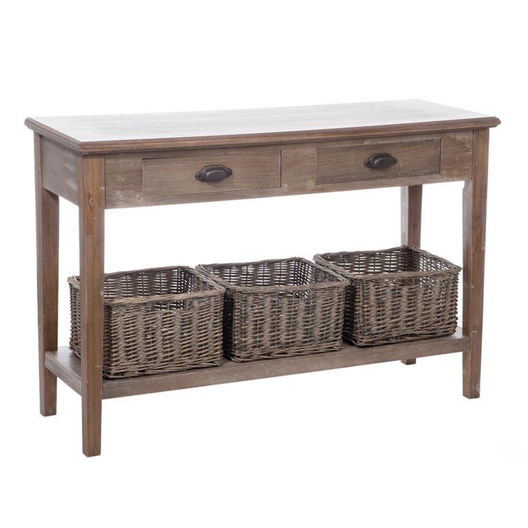 Distressed Console Table - 2 Drawer - 3 Wicker Basket - Grey - Wooden