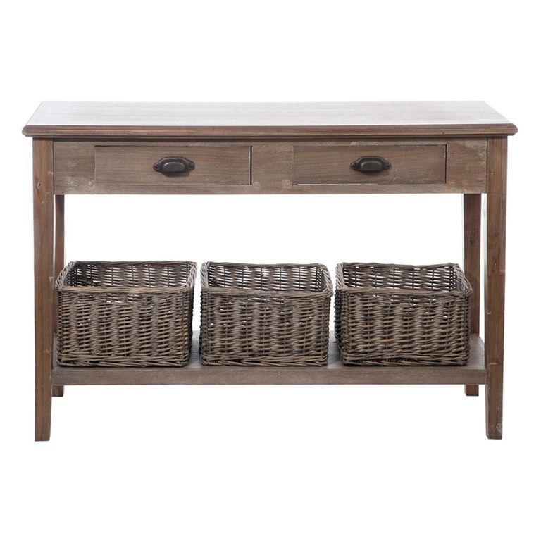 Distressed Console Table - 2 Drawer - 3 Wicker Basket - Grey - Wooden