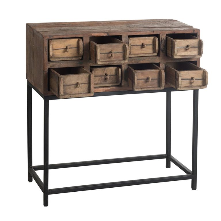 Rough Distressed Console Table - Multi Drawer - Brown and Black - Recycled Wood and Metal
