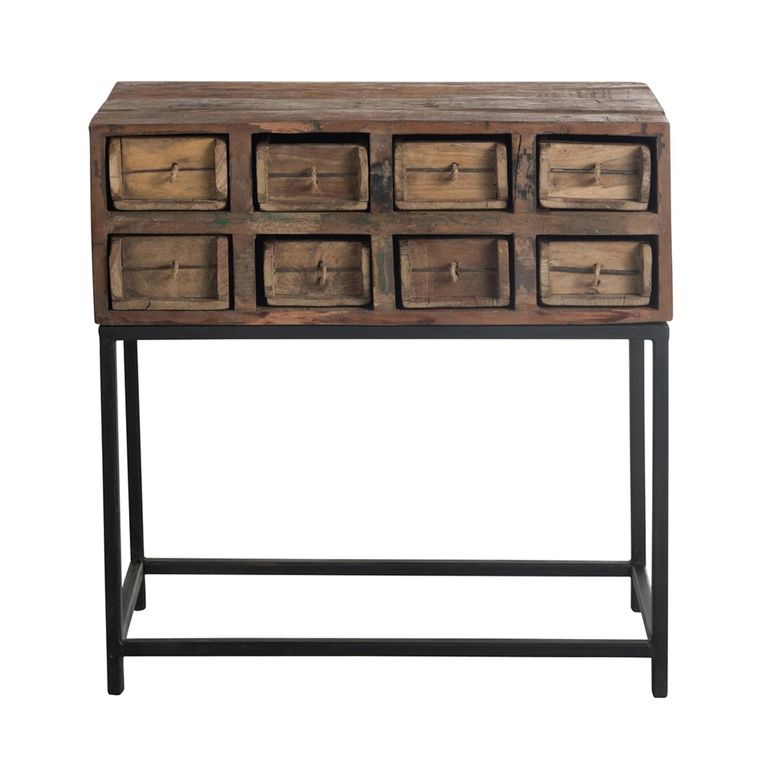 Rough Distressed Console Table - Multi Drawer - Brown and Black - Recycled Wood and Metal